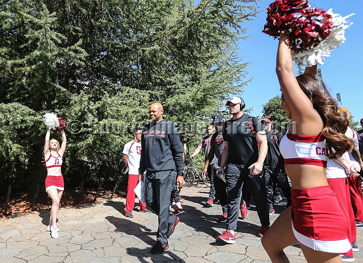 20180831SanDiegoatStanford-02.JPG - Stanford Cardinal head coach David Shaw leads the team on The Walk prior to an NCAA football game against the San Diego State Aztecs in Stanford, Calif. on Friday, Aug. 31, 2018. 